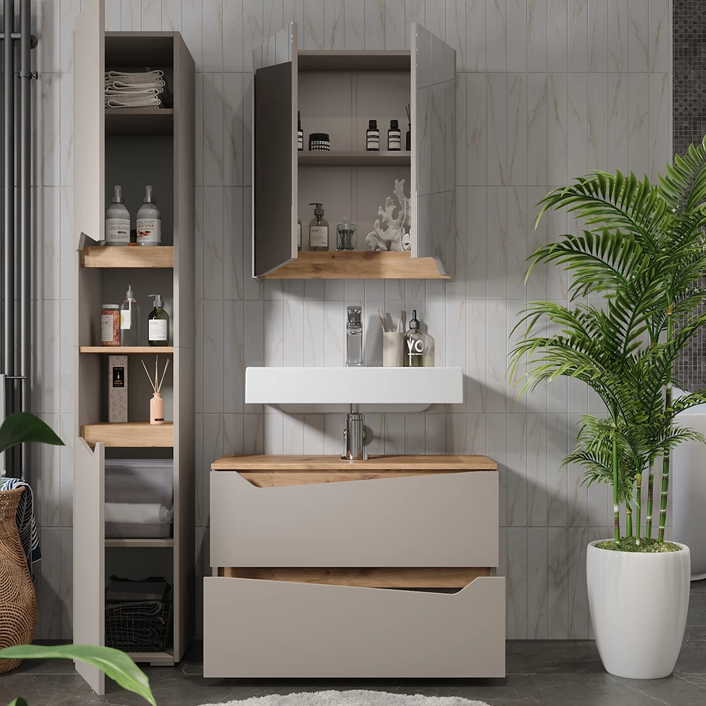 Primo piano di Set di mobili da bagno in Grigio, mostrando design e dettagli della superficie