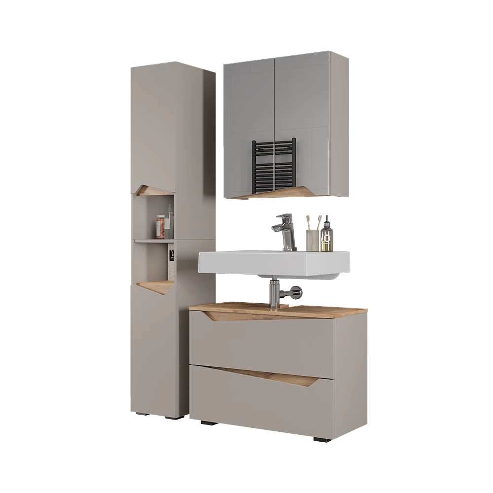 Set di mobili da bagno in Grigio su sfondo bianco con elementi decorativi