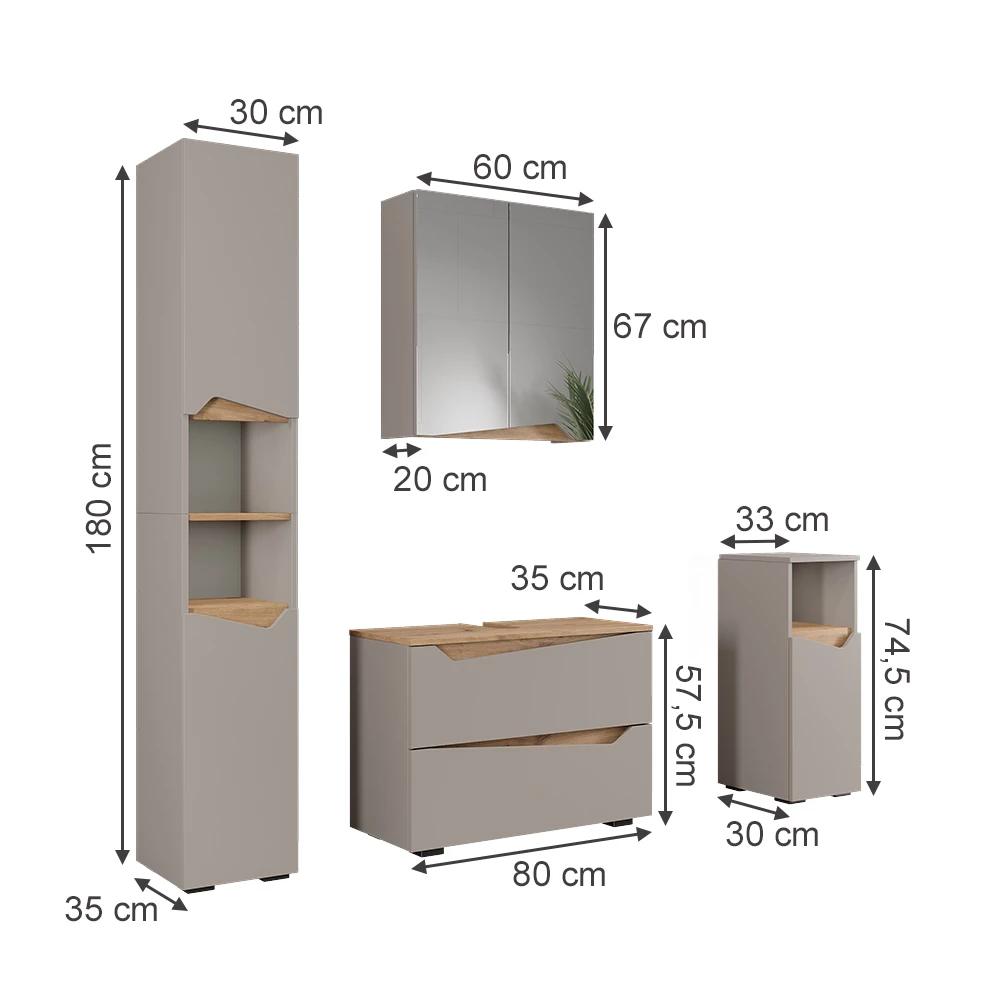 Zestaw mebli łazienkowych w kolorze Szary na białym tle