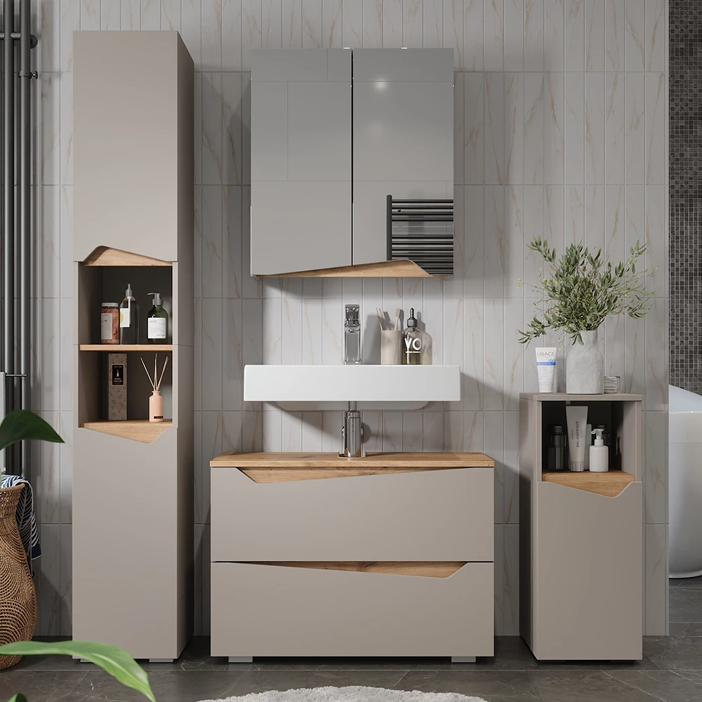 Set di mobili da bagno in Grigio, mostrato in un ambiente ambientale con decorazioni