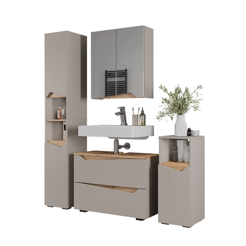 Set di mobili da bagno in Grigio su sfondo bianco con elementi decorativi
