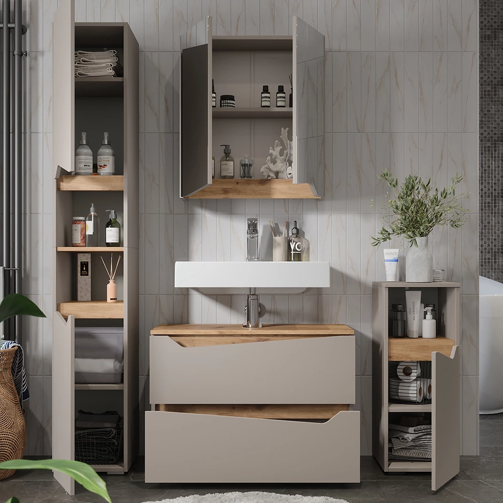 Primo piano di Set di mobili da bagno in Grigio, mostrando design e dettagli della superficie