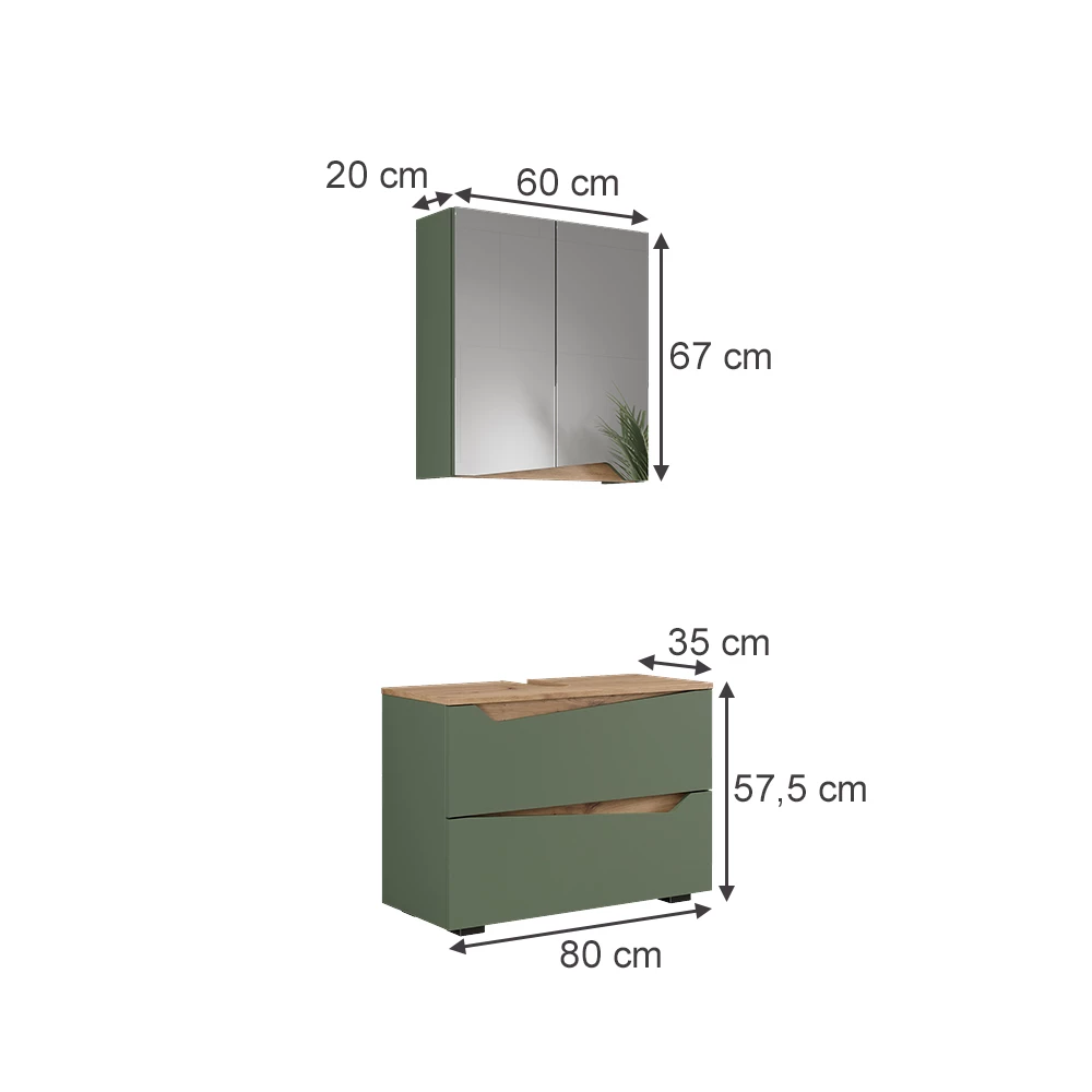 Badmöbel-Set in Grün/Artisan auf weißem Hintergrund mit sichtbaren Maßen