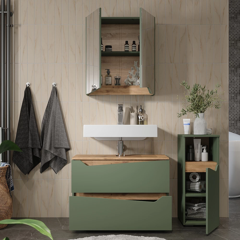 Primo piano di Set di mobili da bagno in Verde/Artigianale, mostrando design e dettagli della superficie