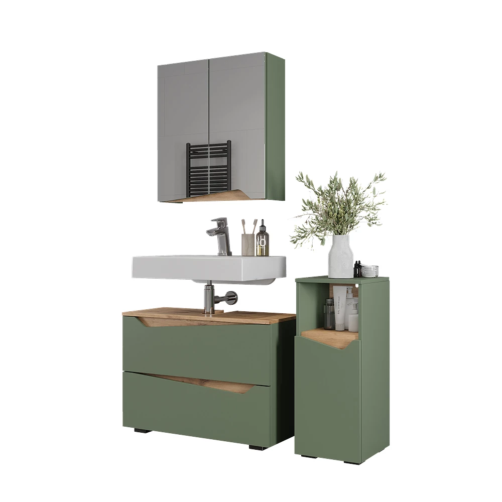 Set di mobili da bagno in Verde/Artigianale su sfondo bianco con elementi decorativi