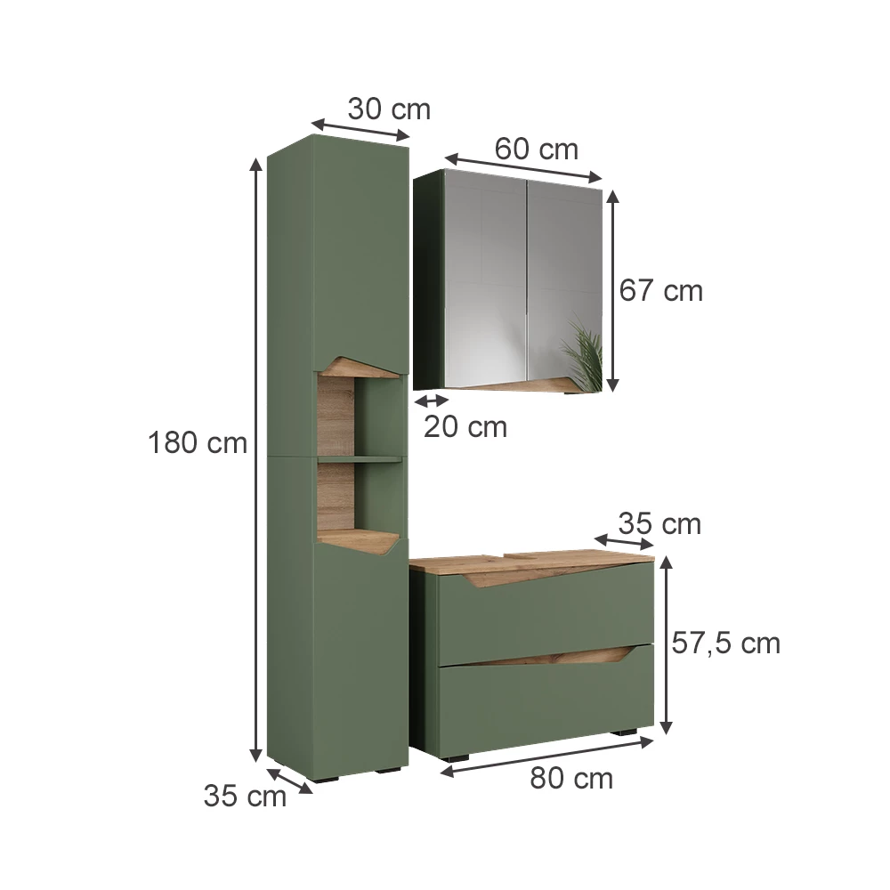 Zestaw mebli łazienkowych w kolorze Zielony/rzemieślniczy na białym tle