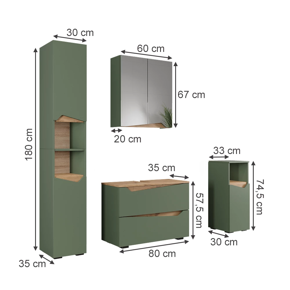 Zestaw mebli łazienkowych w kolorze Zielony/rzemieślniczy na białym tle