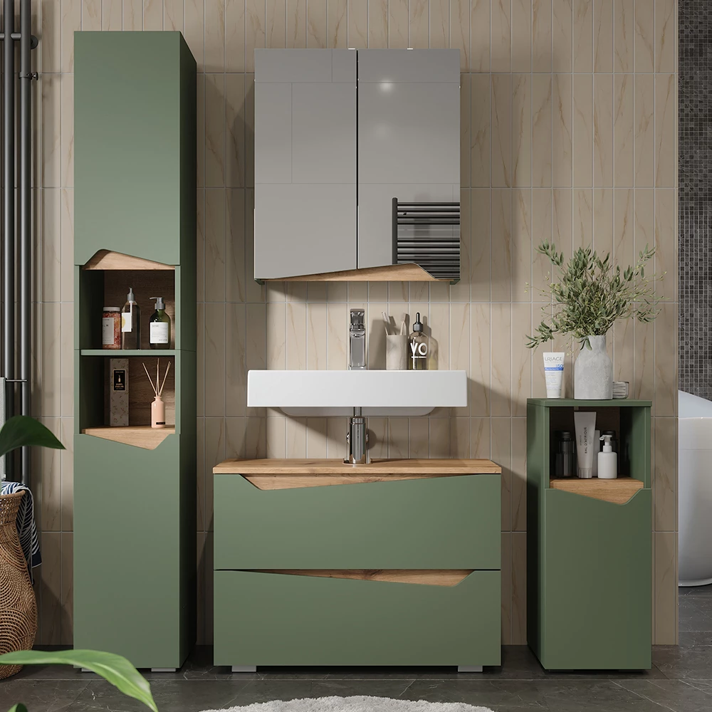 Set di mobili da bagno in Verde/Artigianale, mostrato in un ambiente ambientale con decorazioni