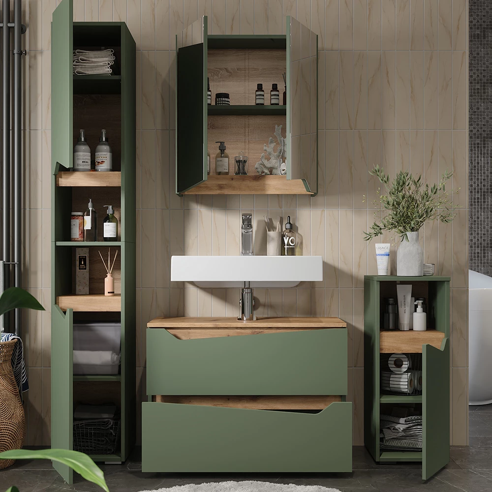 Primo piano di Set di mobili da bagno in Verde/Artigianale, mostrando design e dettagli della superficie