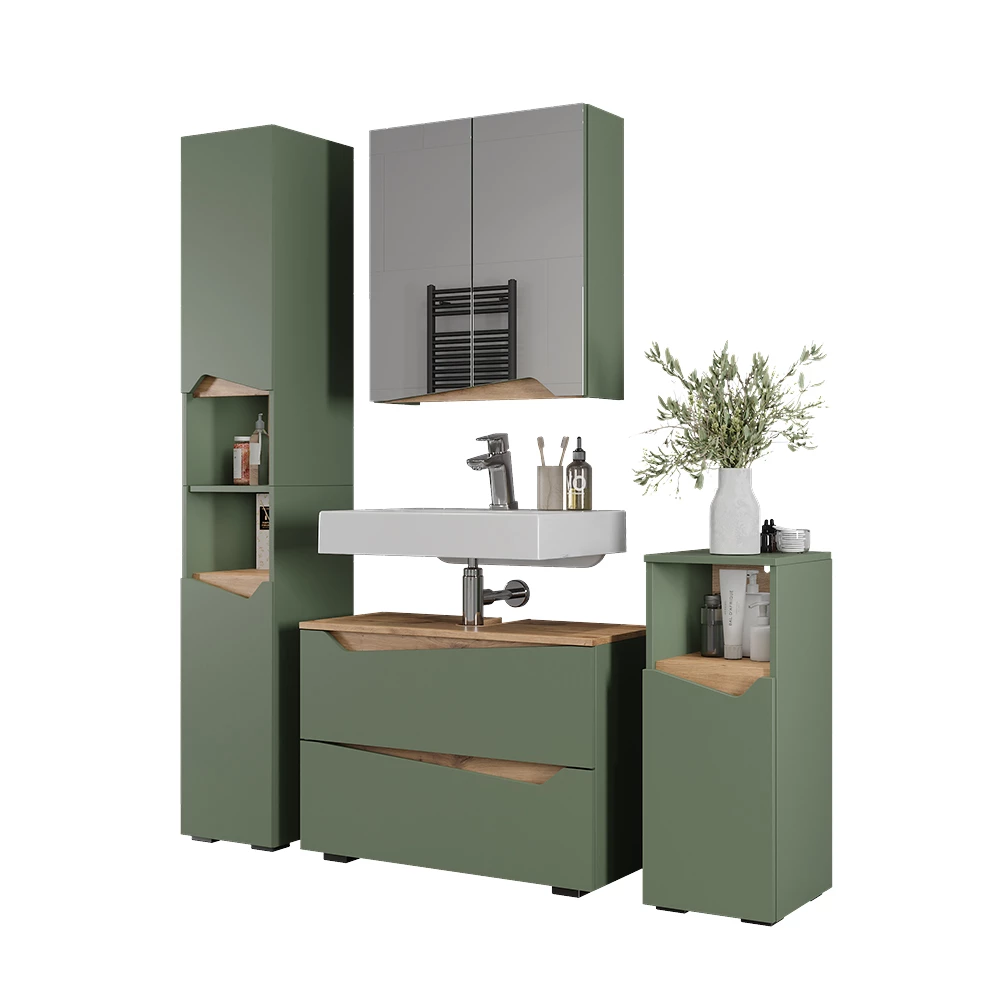Set di mobili da bagno in Verde/Artigianale su sfondo bianco con elementi decorativi