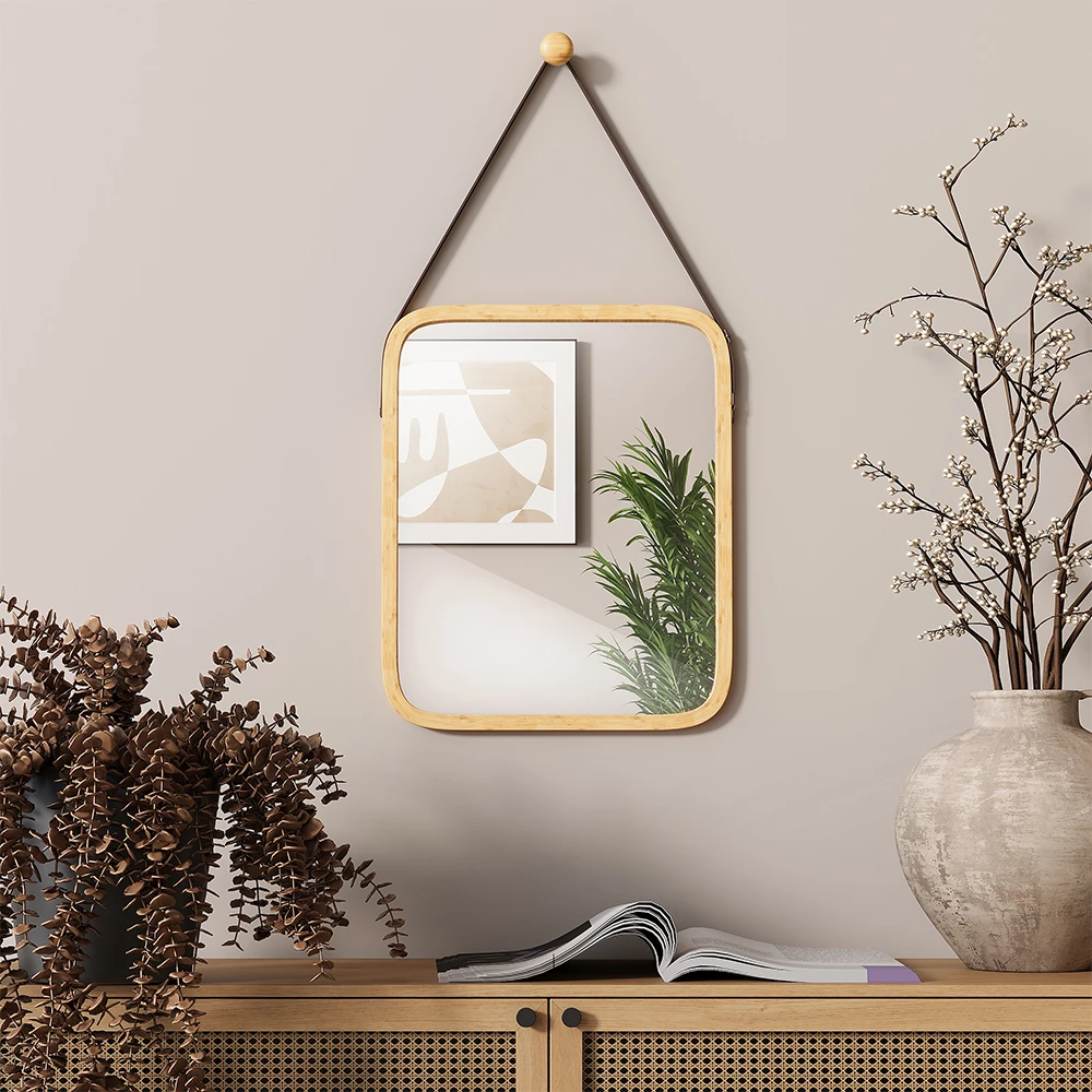 Specchio bagno in Bambù, mostrato in un ambiente ambientale con decorazioni