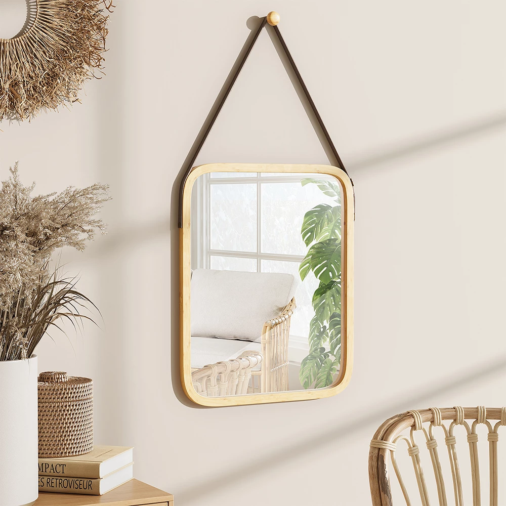 Primo piano di Specchio bagno in Bambù, mostrando design e dettagli della superficie