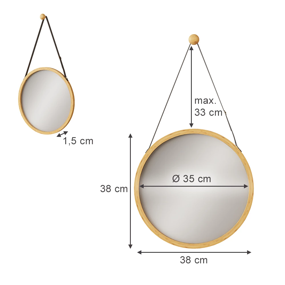 Badkamerspiegel in Bamboe op een witte achtergrond met zichtbare afmetingen
