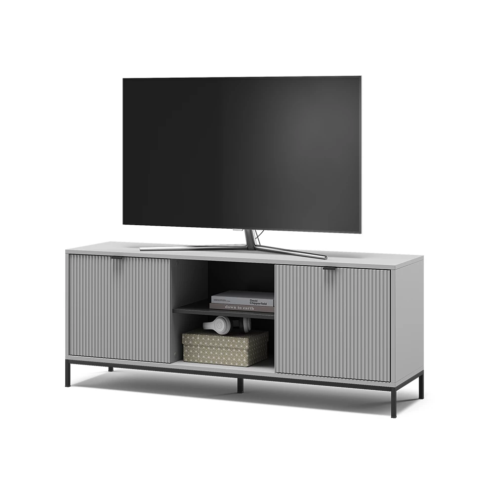 Meuble tv en Gris sur fond blanc avec des éléments décoratifs