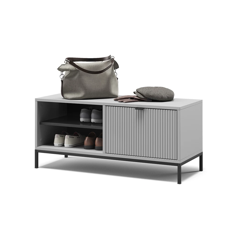 Banc pour chaussures en Gris sur fond blanc avec des éléments décoratifs