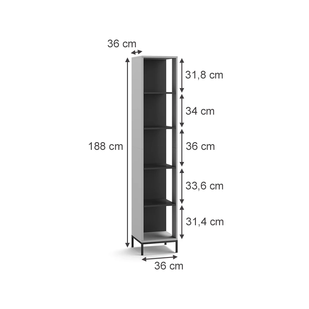 Bücherregal in Grau auf weißem Hintergrund