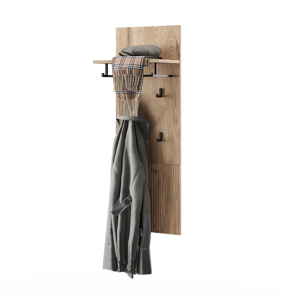 Wandgarderobe in Viking Oak auf weißem Hintergrund mit dekorativen Elementen