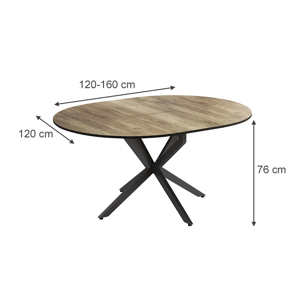 Esstisch in Eiche rustikal/Schwarz auf weißem Hintergrund mit sichtbaren Maßen