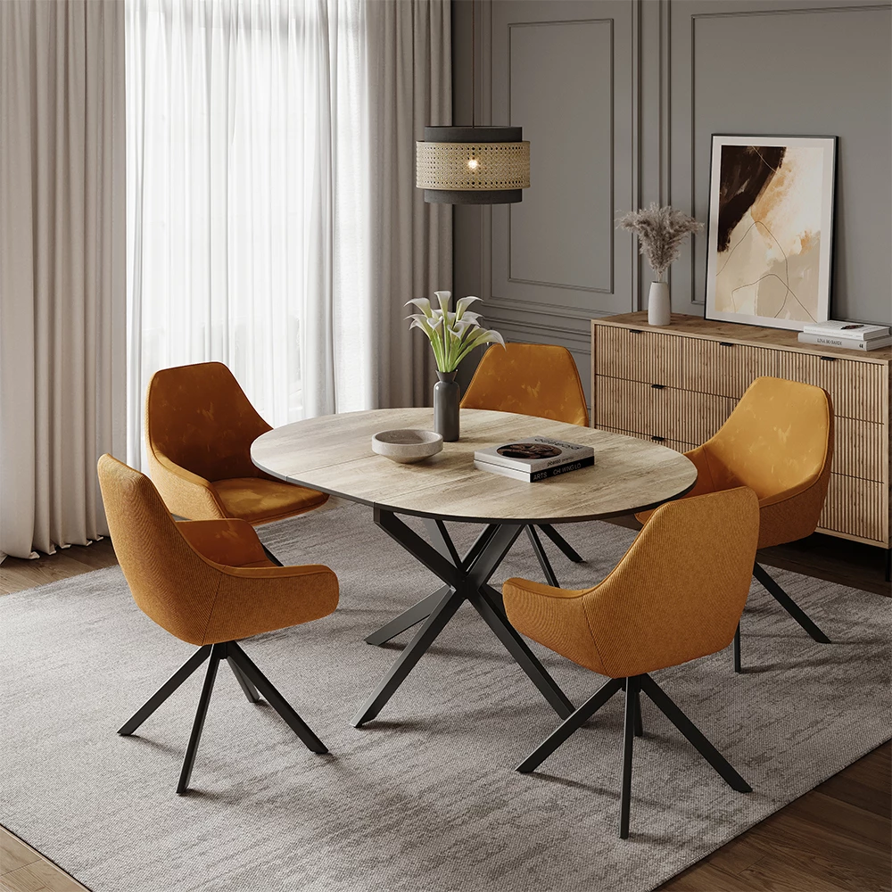 Esstisch in Eiche rustikal/Schwarz, dargestellt im Ambiente mit Dekoration