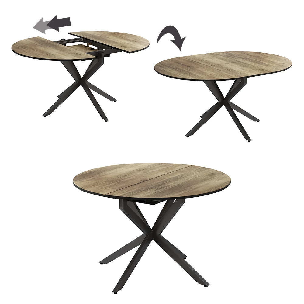 Nahaufnahme von Esstisch in Eiche rustikal/Schwarz, zeigt Design- und Oberflächendetails