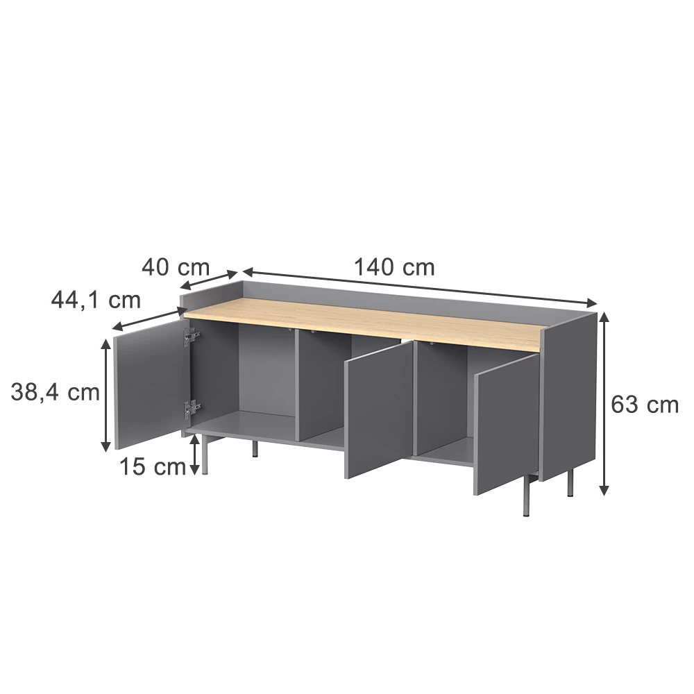 Lowboard in Grau/Eiche auf weißem Hintergrund
