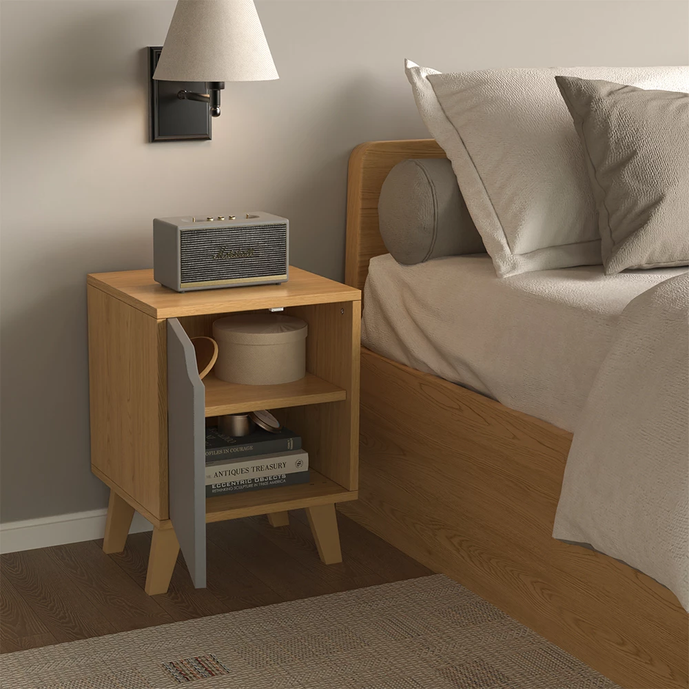Nahaufnahme von Nachttisch in Eiche/Anthrazit, zeigt Design- und Oberflächendetails