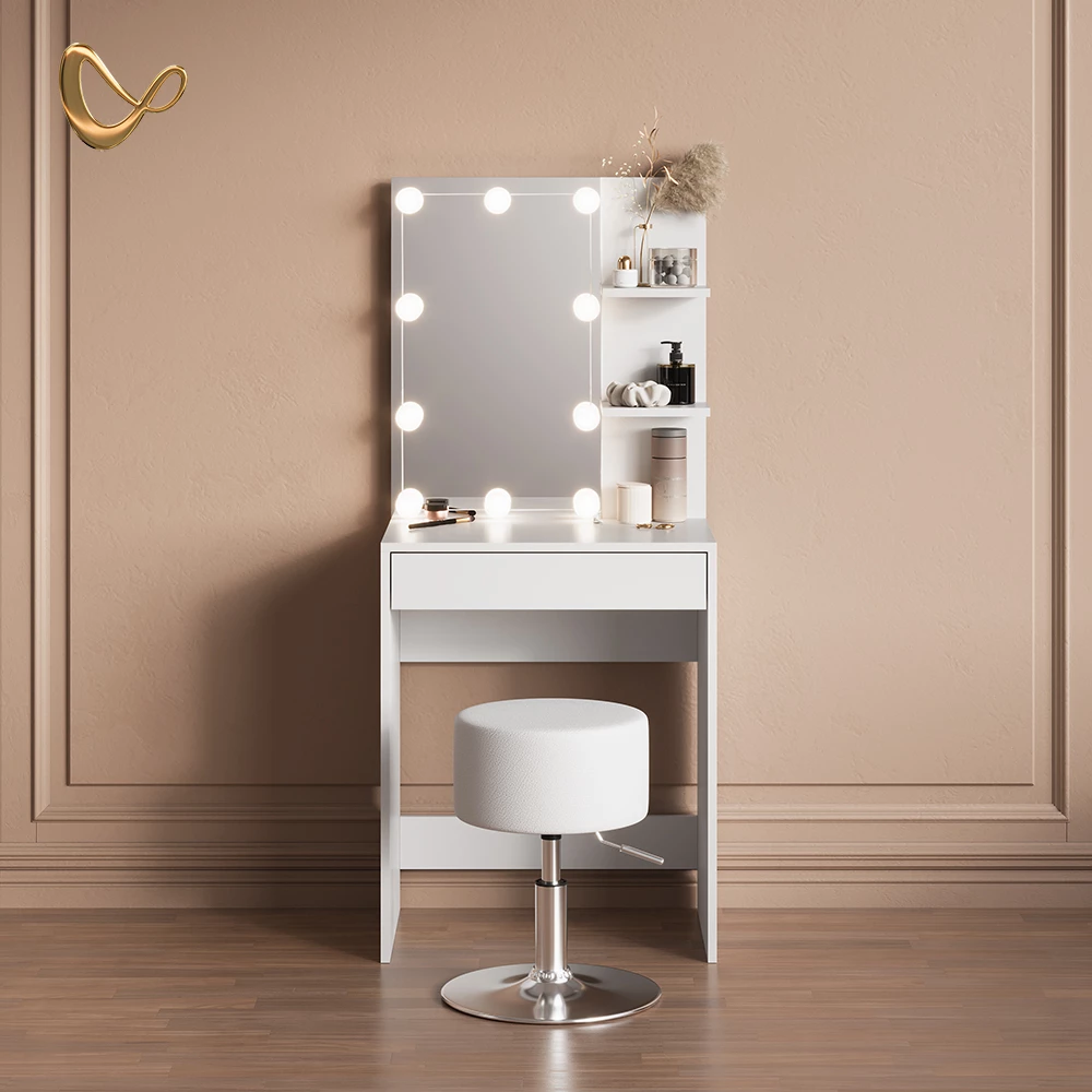 Schminktisch Nola Weiß mit LED Beleuchtung und Hocker livinity®