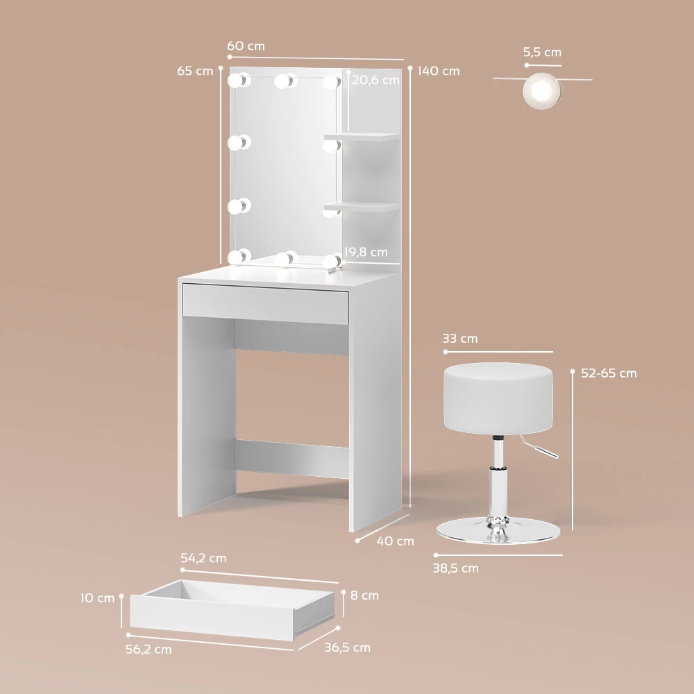 Schminktisch Nola Weiß mit LED Beleuchtung und Hocker livinity®