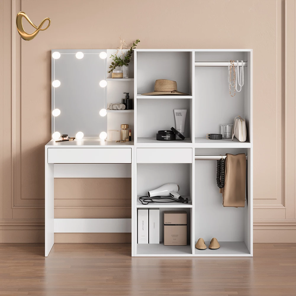 Schminktisch Nola Weiß 140 cm mit LED Beleuchtung und Schränken livinity®