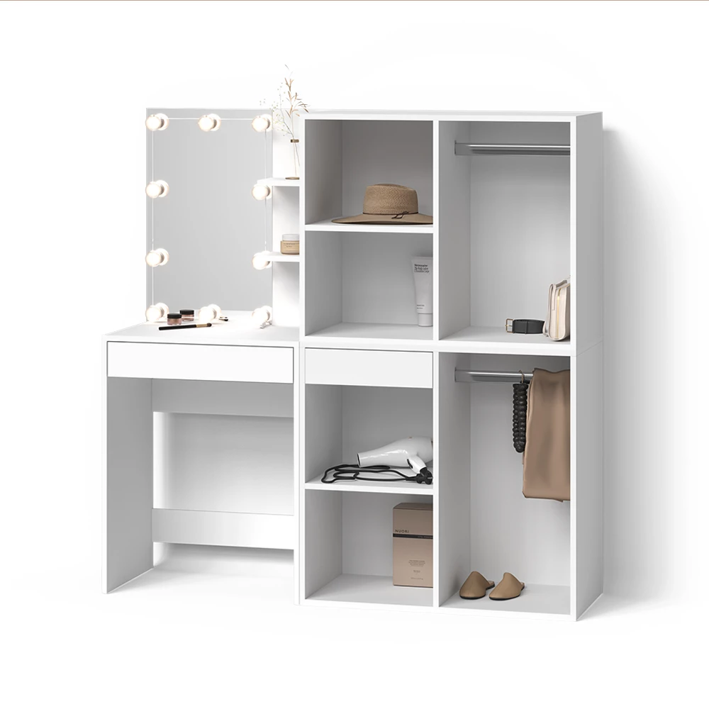 Schminktisch Nola Weiß 140 cm mit LED Beleuchtung und Schränken livinity®