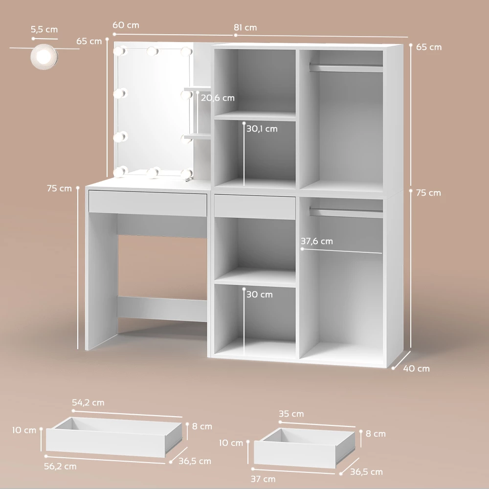 Schminktisch Nola Weiß 140 cm mit LED Beleuchtung und Schränken livinity®