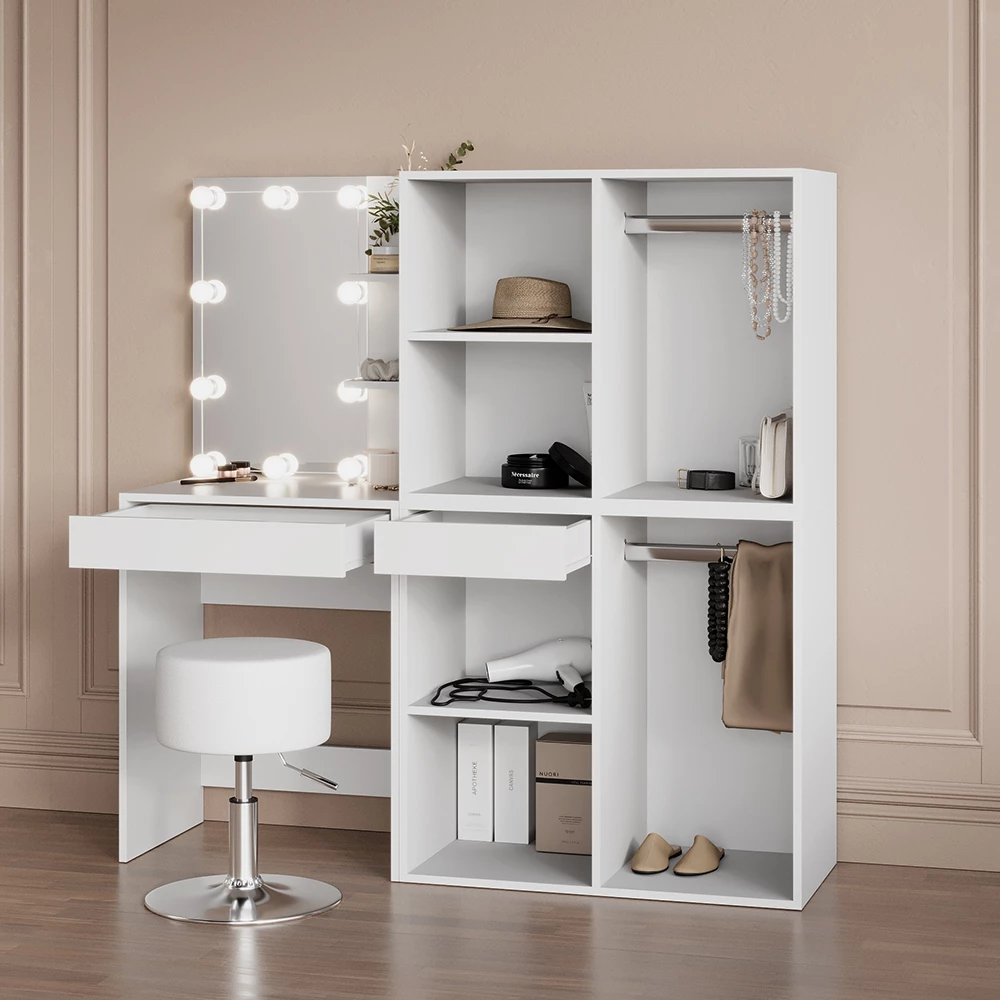 Schminktisch Nola Weiß 140 cm mit LED Beleuchtung und Schränken livinity®