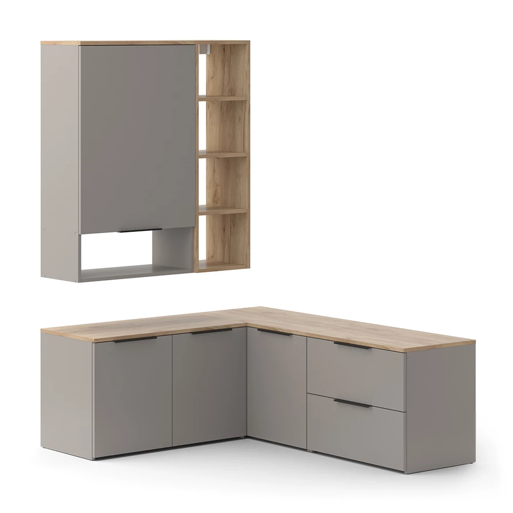 Wohnwand in Greige auf weißem Hintergrund