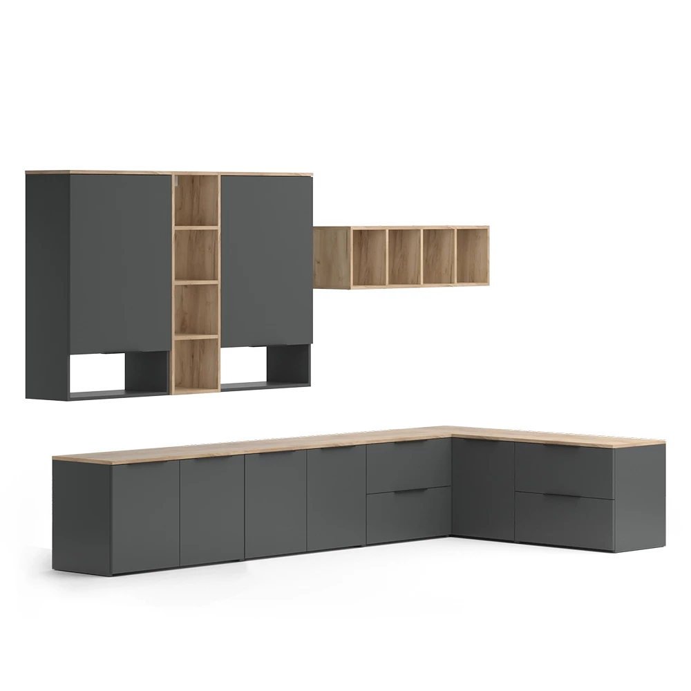 Wohnwand in Anthrazit auf weißem Hintergrund