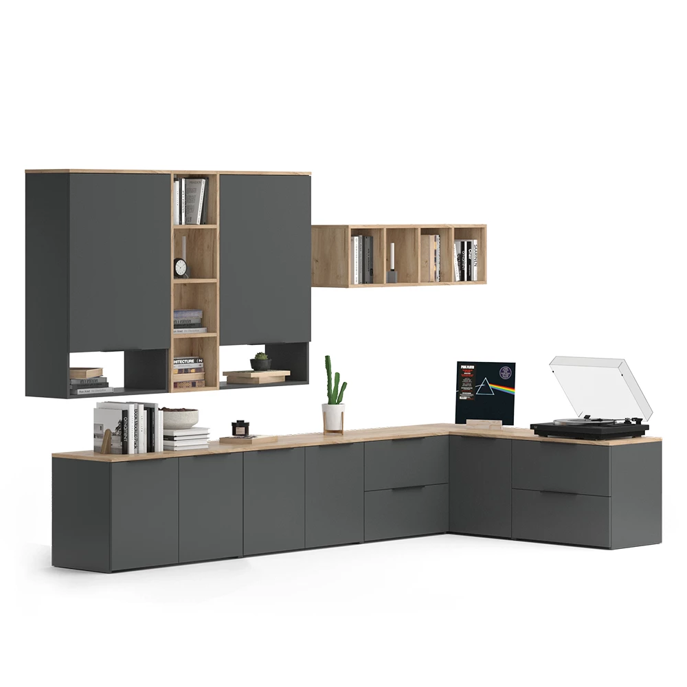 Wohnwand in Anthrazit auf weißem Hintergrund mit dekorativen Elementen