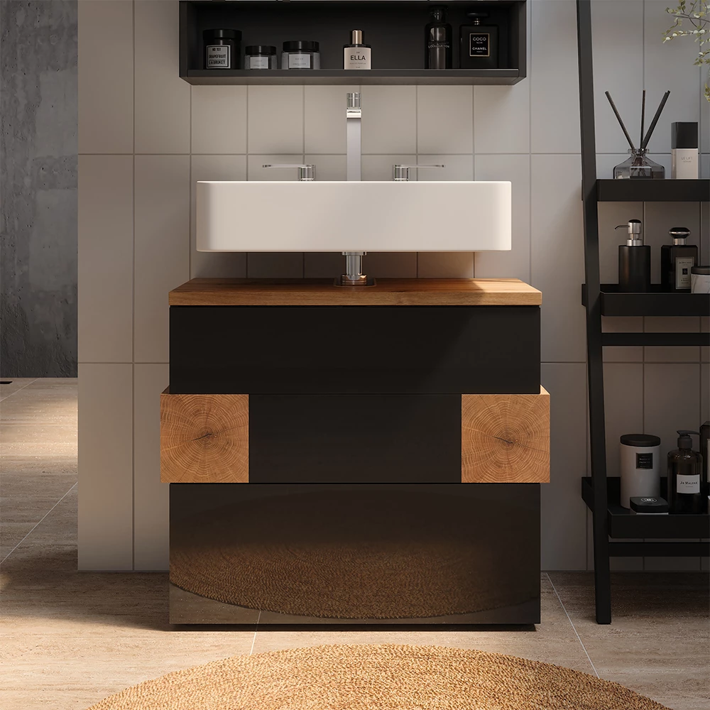 Meuble sous vasque simple en Anthracite, présenté dans un décor ambiant avec décoration