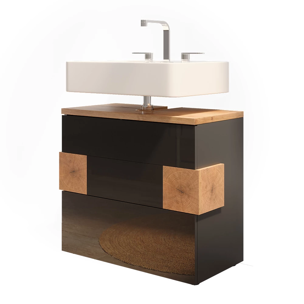 Meuble sous vasque simple en Anthracite sur fond blanc avec des éléments décoratifs