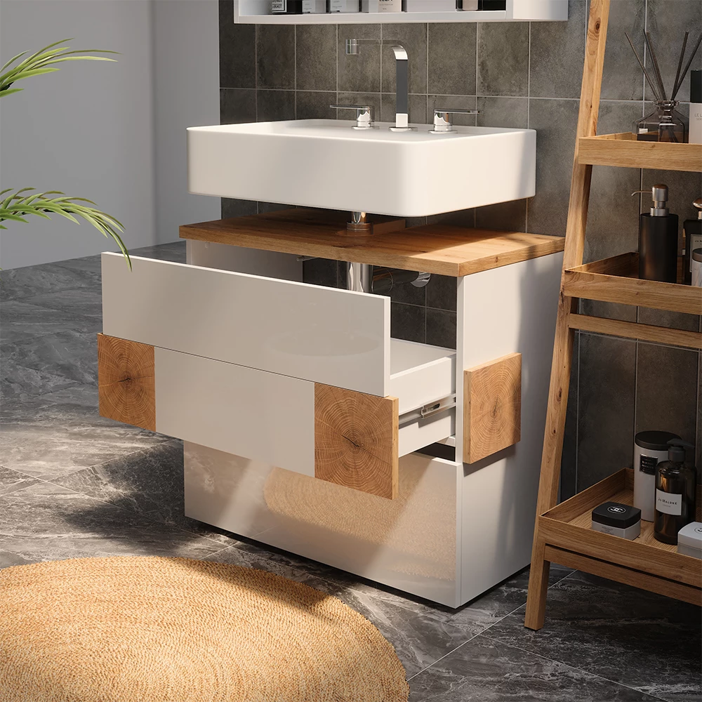 Nahaufnahme von Waschbeckenunterschrank in Weiß, zeigt Design- und Oberflächendetails