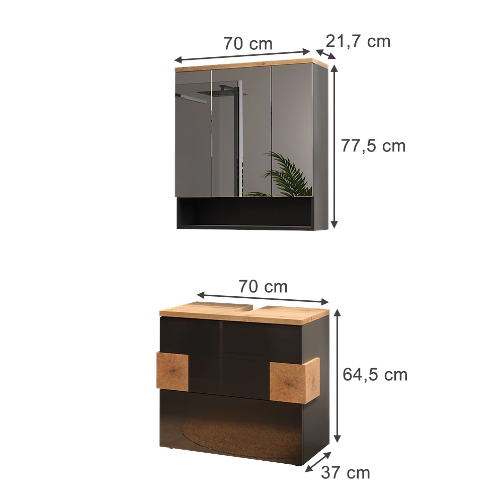 Meubles bain en Anthracite sur fond blanc avec dimensions visibles