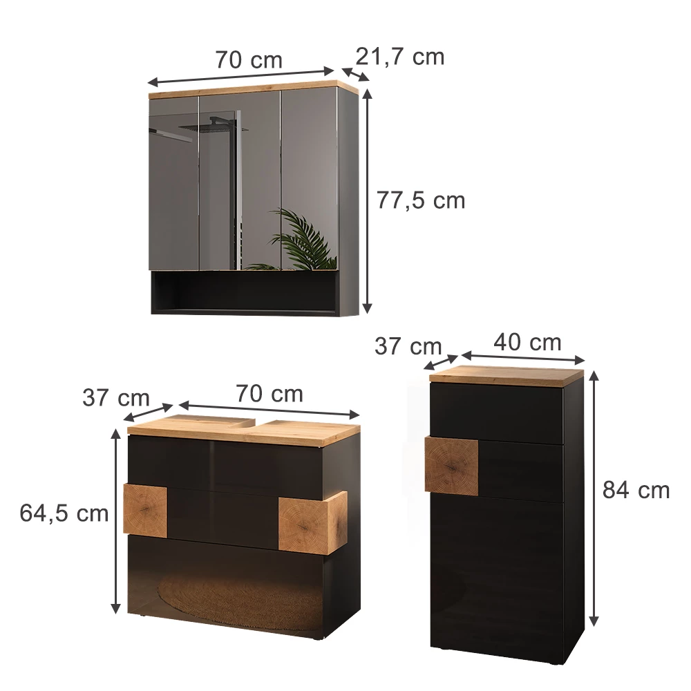 Badmöbel-Set in Anthrazit auf weißem Hintergrund mit sichtbaren Maßen