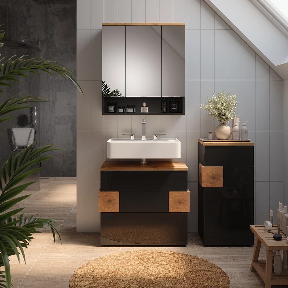 Badmöbel-Set in Anthrazit, dargestellt im Ambiente mit Dekoration