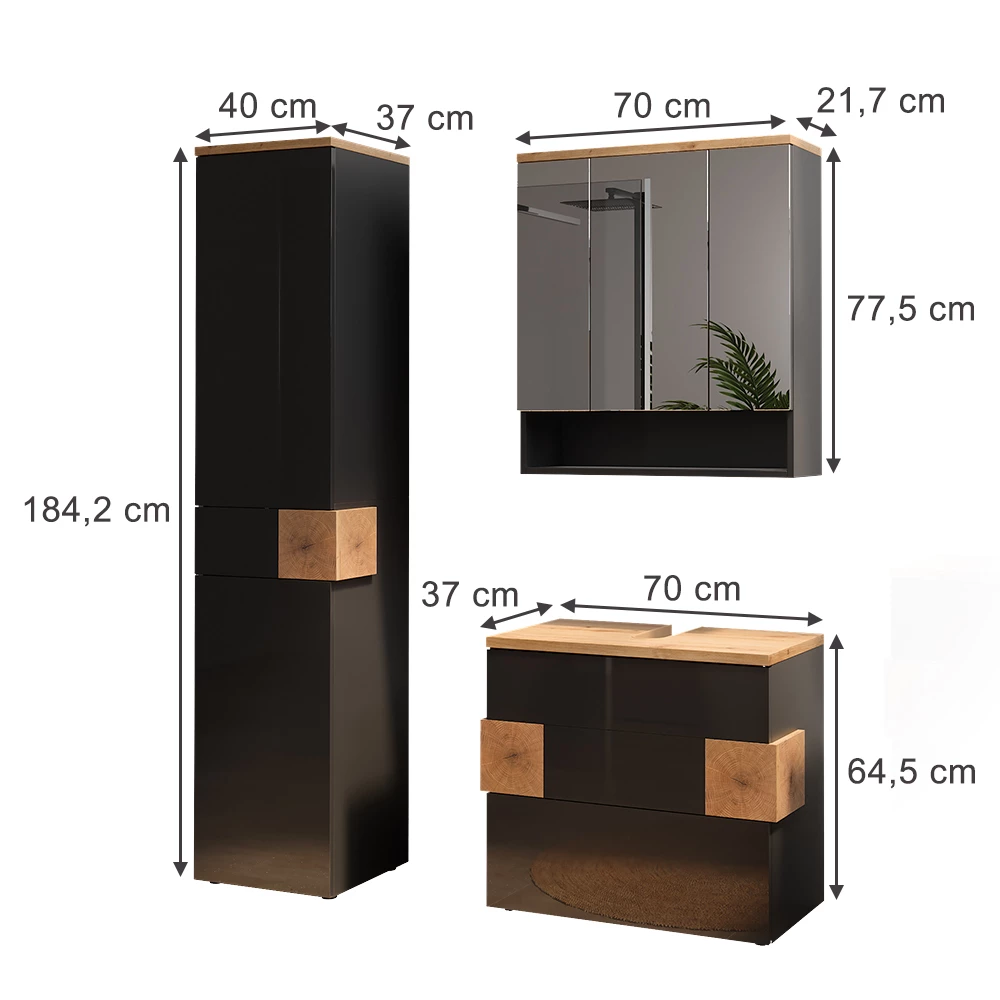 Set di mobili da bagno in Antracite su sfondo bianco con dimensioni visibili