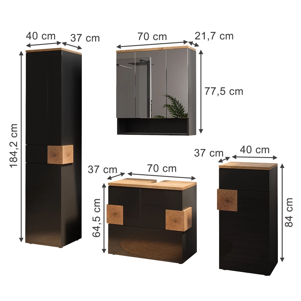 Meubles bain en Anthracite sur fond blanc avec dimensions visibles