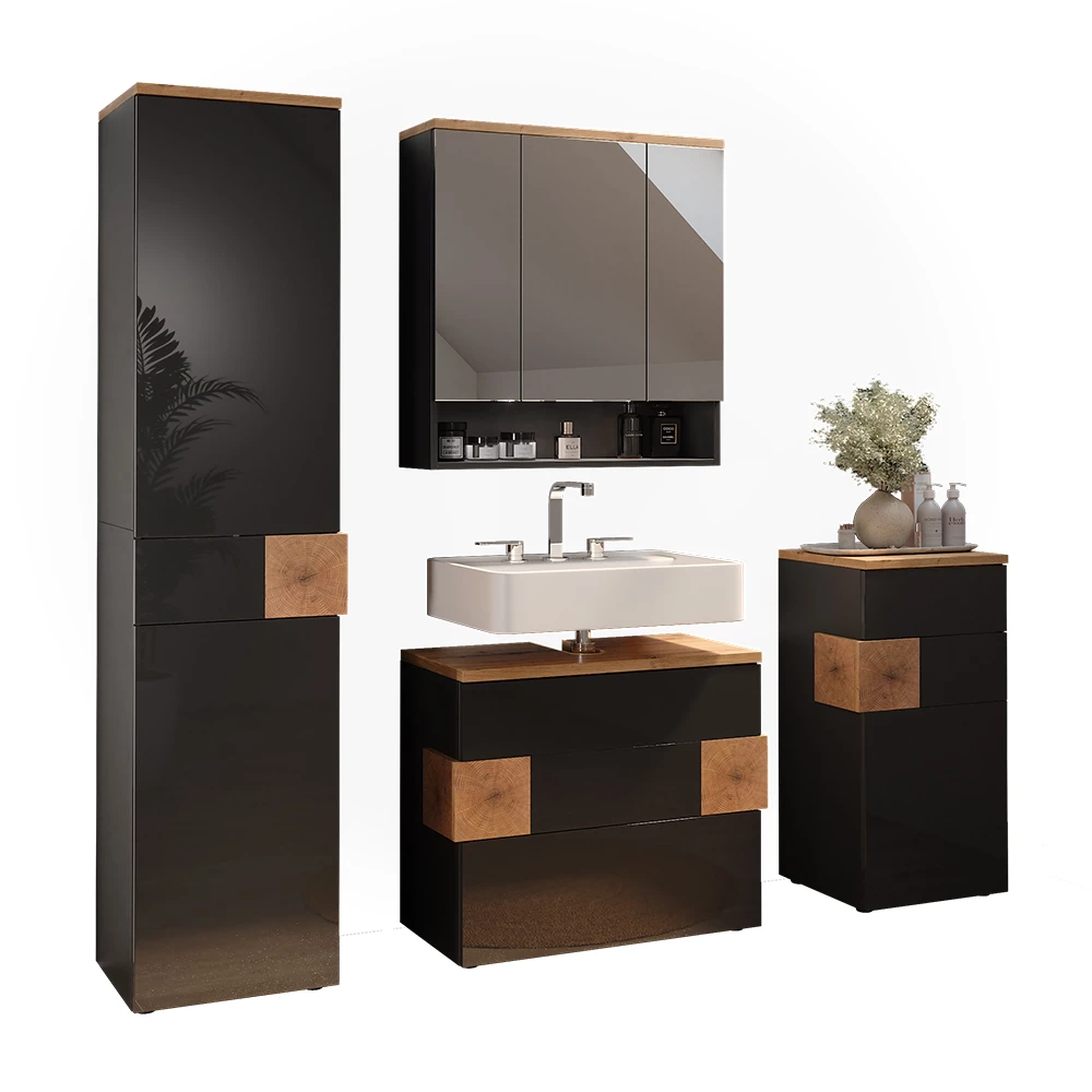 Meubles bain en Anthracite sur fond blanc avec des éléments décoratifs