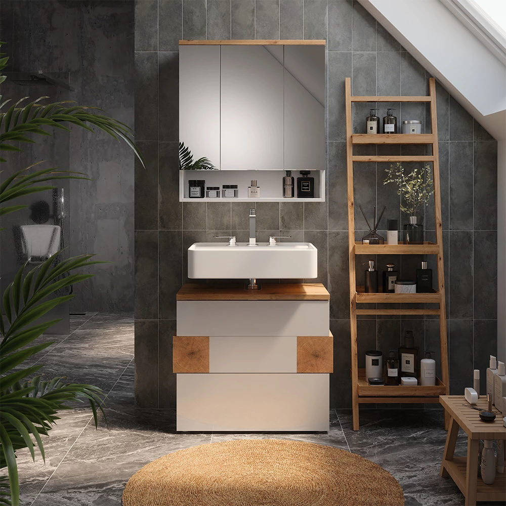 Set di mobili da bagno in Bianco, mostrato in un ambiente ambientale con decorazioni