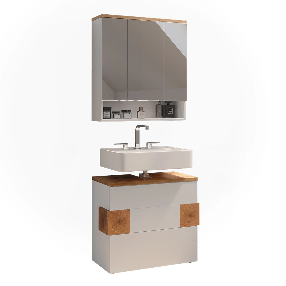 Set di mobili da bagno in Bianco su sfondo bianco con elementi decorativi