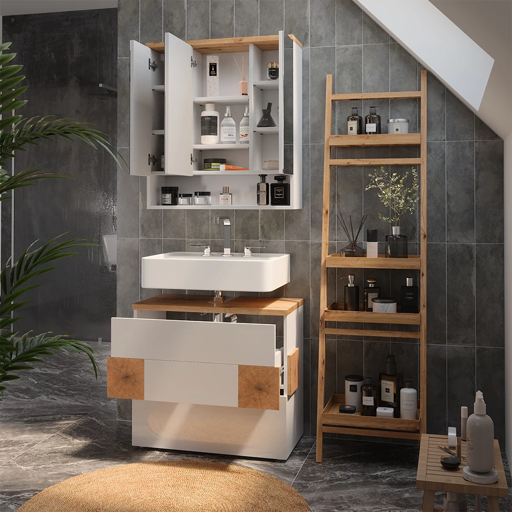 Primo piano di Set di mobili da bagno in Bianco, mostrando design e dettagli della superficie