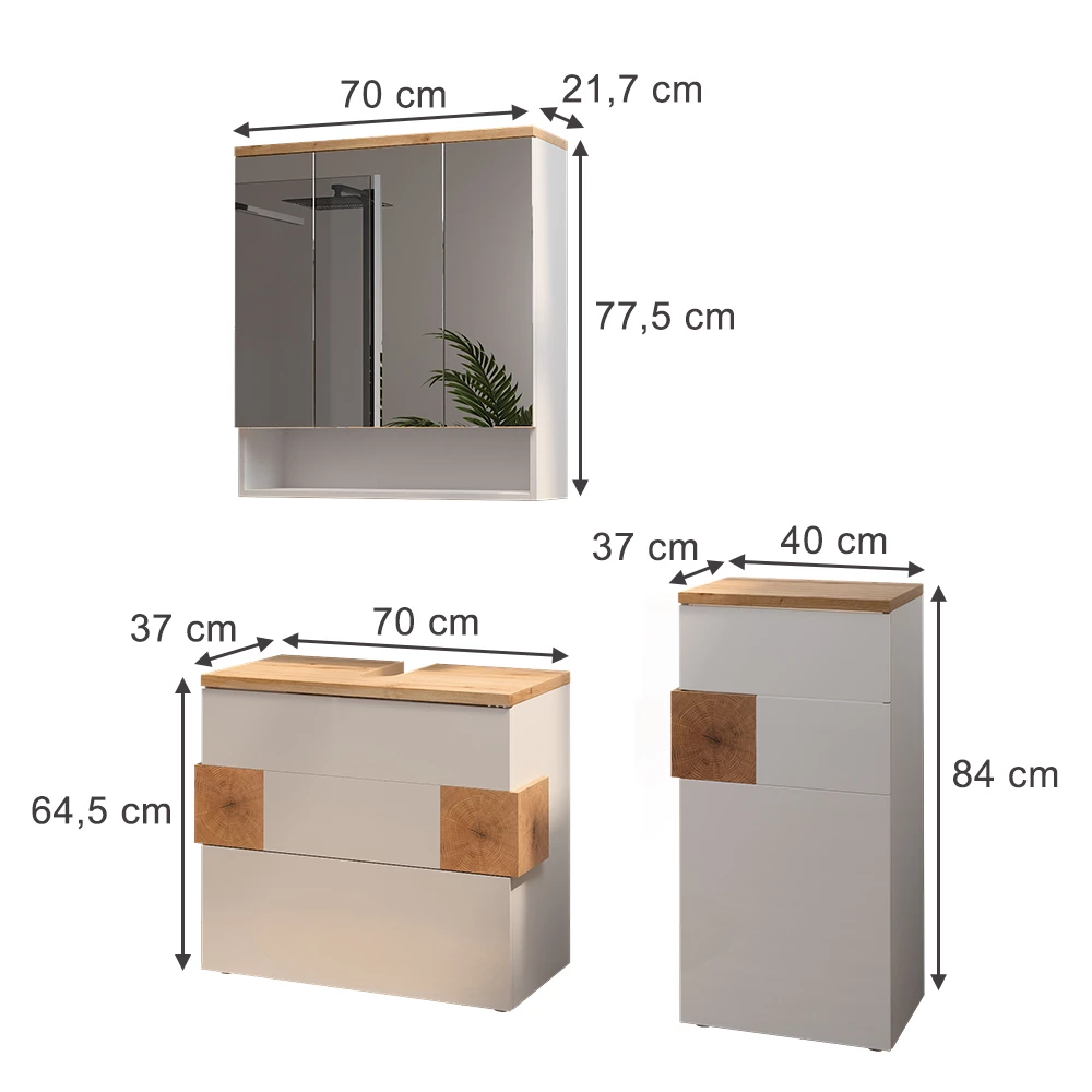 Badmöbel-Set in Weiß auf weißem Hintergrund mit sichtbaren Maßen