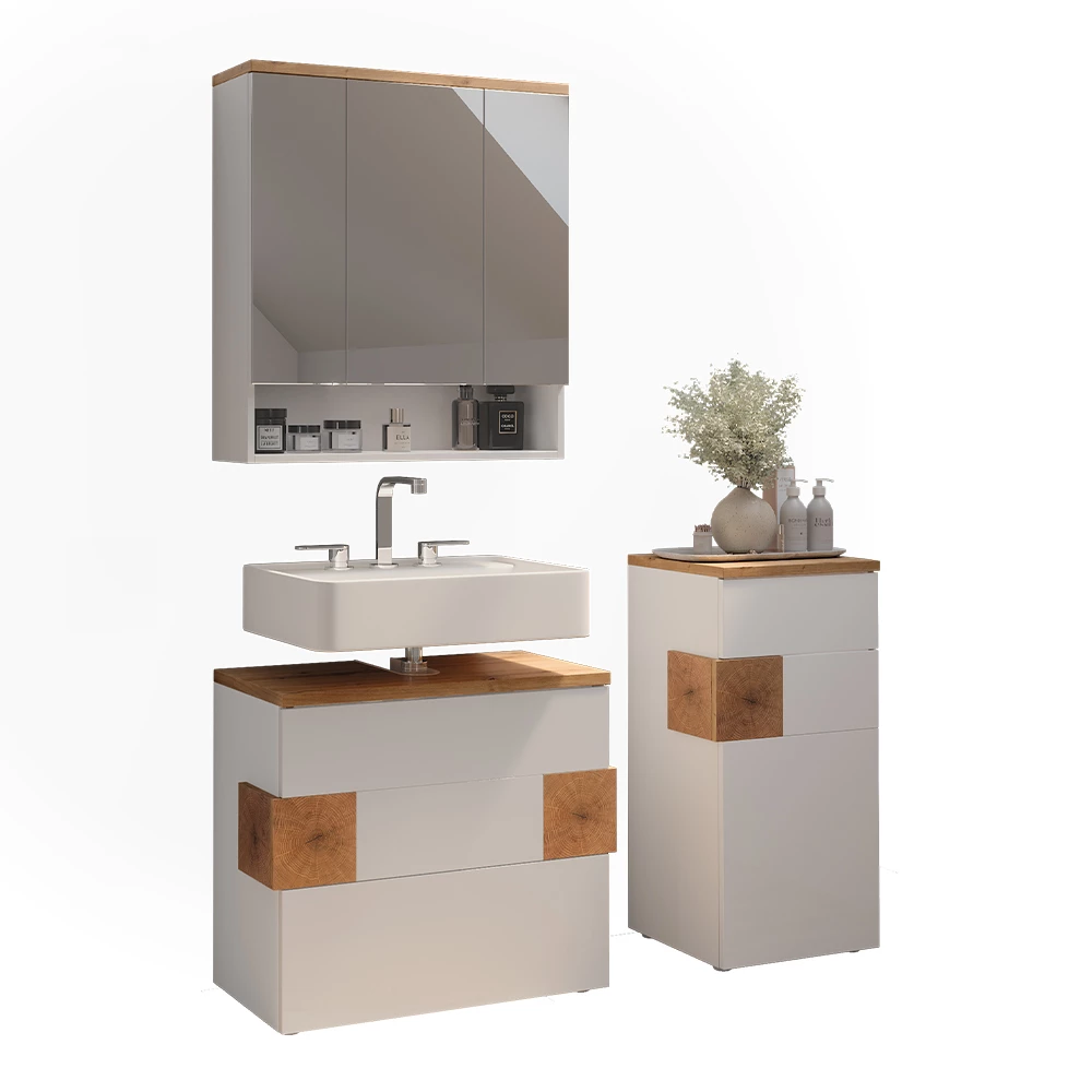 Badmöbel-Set in Weiß auf weißem Hintergrund mit dekorativen Elementen