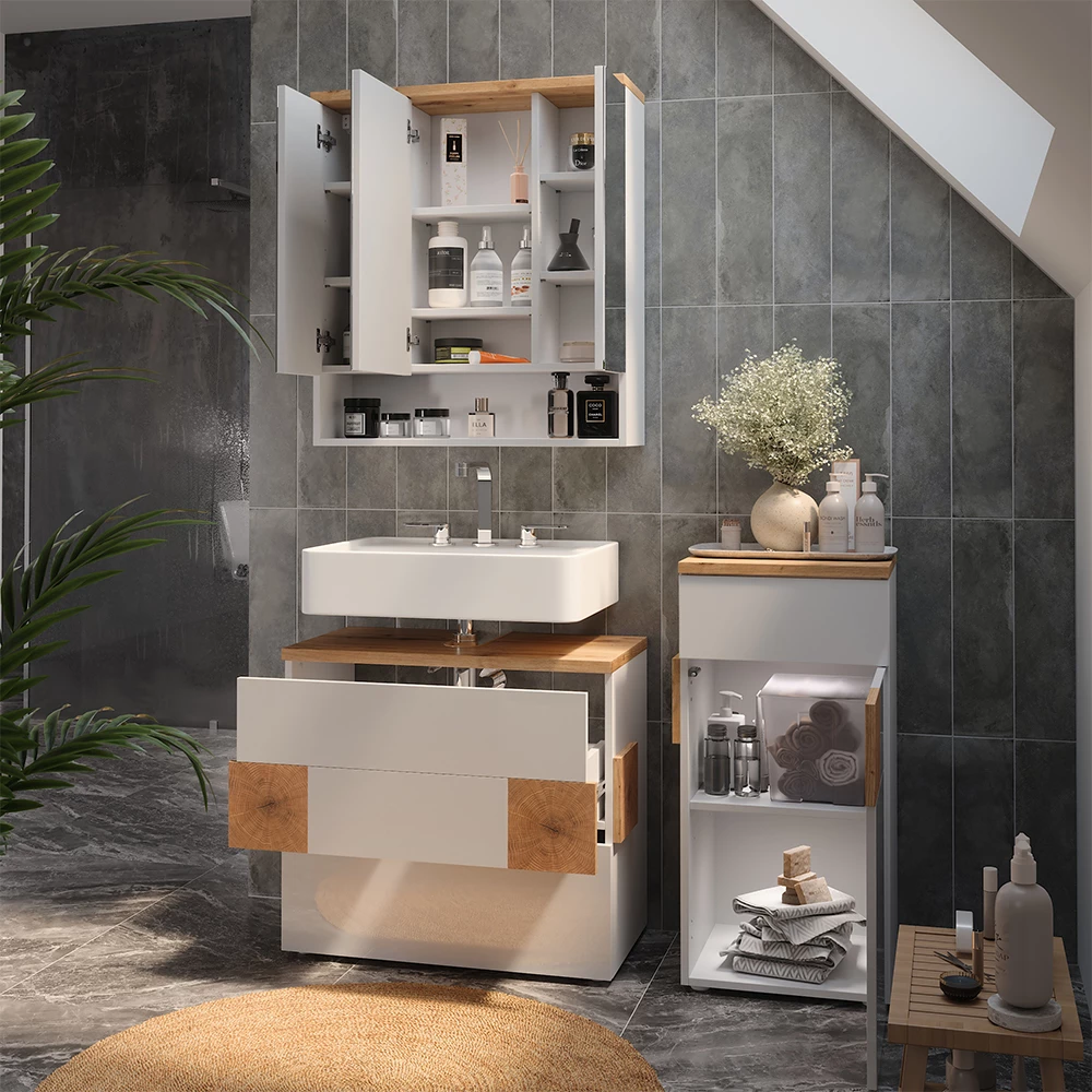 Nahaufnahme von Badmöbel-Set in Weiß, zeigt Design- und Oberflächendetails